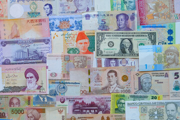 Country multi-currency banknotes and currency exchange concept