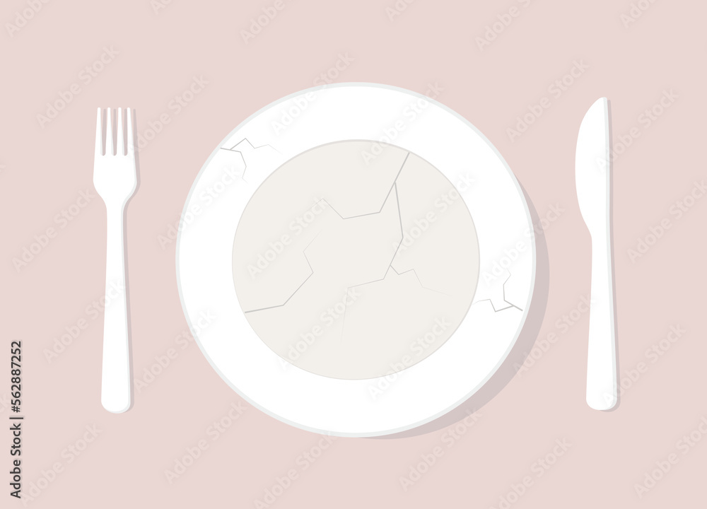 Poster top view of white empty broken plate with fork and knife.