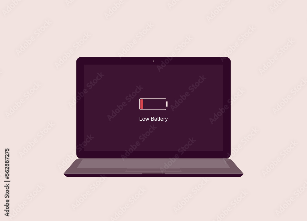 Poster front view of a laptop with low battery icon showing up on monitor screen.
