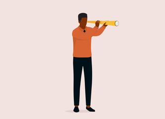 One Black Businessman Looking Through A Telescope. Full Length. Flat Design Style, Character, Cartoon.
