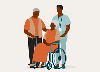 Black Senior Husband With His Disabled Senior Wife In Wheelchair Is Being Taken Care By A Male Nurse. Full Length. Flat Design Style, Character, Cartoon.