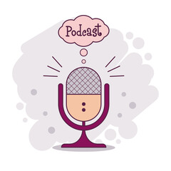 Podcast poster, webinar flyer. Media tool, mic and speech bubble hand drawn banner. Sound recording device, media equipment. Microphone, broadcasting facilities color