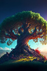 Illustration of a Great Oak Tree on a Hill, Generative AI