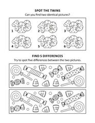 Activity sheet for kids with two visual puzzles, also can be used as coloring page, printable, fit Letter or A4 paper. 