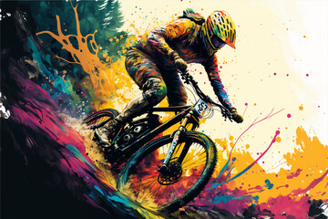 Downhill, racing, biker, bicycle,  splash art, colorful, creative, painting
