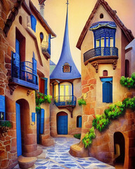 Quaint Mediterranean style houses close together along a cobblestone alley with flowers, archways and balconies. Generative AI cartoon art.