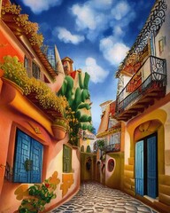 Quaint Mediterranean style houses close together along a cobblestone alley with flowers, archways and balconies. Generative AI cartoon art.