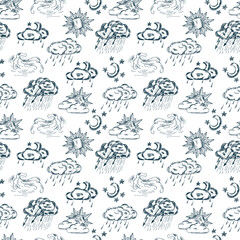 Obraz premium Weather symbols seamless pattern. Hand drawn vector doodle illustration.