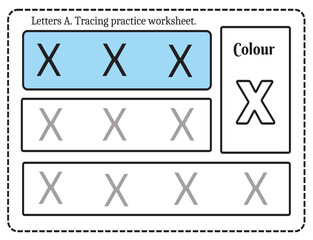 Alphabet letters tracing worksheet with alphabet letter X. Basic writing practice for kindergarten kids worksheet ready to print vector illustration