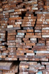 Piles of sawn wood lumber in wood shop different size options, for wood working project , house construction, furniture supplies, at Pracha narumitr community of woods material in Bangkok ,Thailand
