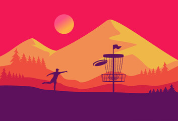  Premium editable vector file of diskgolf player throw the disc in the good afternoon mountain scene best for your digital design and print mockup