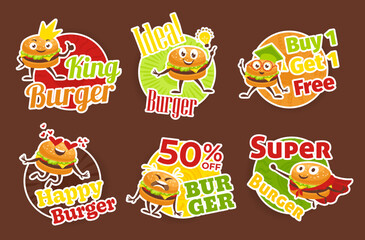Funny burger characters sale discount menu promo circle labels set vector illustration
