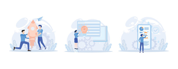 Business illustration set. Characters planning, prototyping and testing startup ideas and analyzing marketing data. Business activities concept. Flat vector modern illustration 