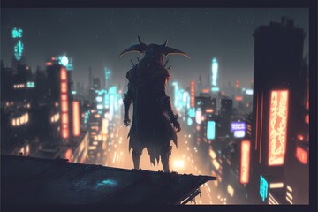 samurai standing on a building in cyberpunk city at rainy night, digital art style, Digital Illustration