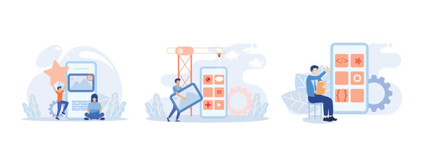 Mobile design and development illustration. Developers prototyping, programming user interface and testing mobile app. UI design and user experience concept. Flat vector illustration 