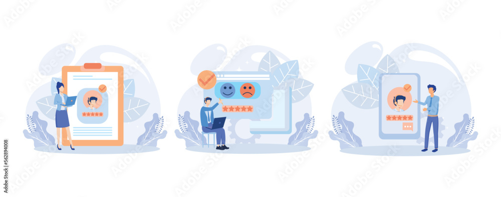 Poster customer feedback and user experience illustration. characters giving review to customer service ope