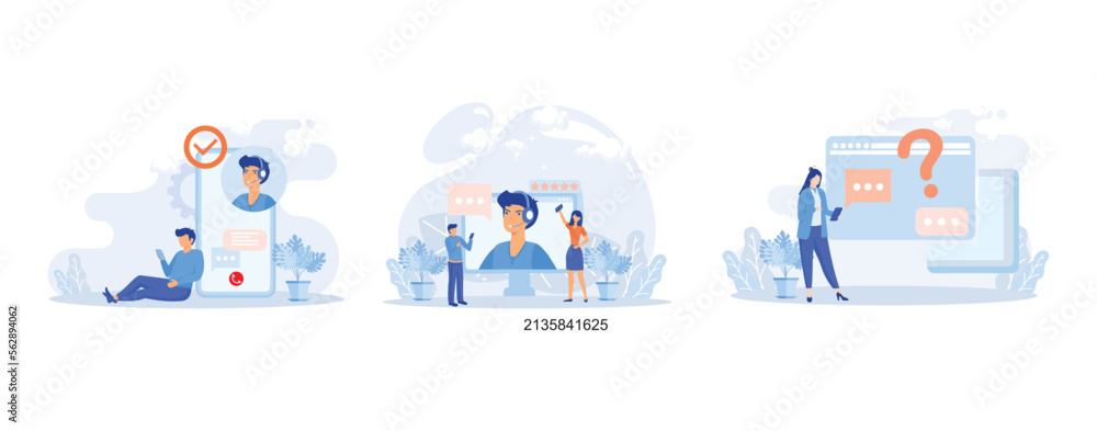 Poster customer support illustration. characters using online helpdesk platform. people asking a questions 