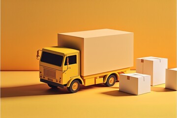 Yellow delivery truck with cardboard boxes, yellow background. Generative AI