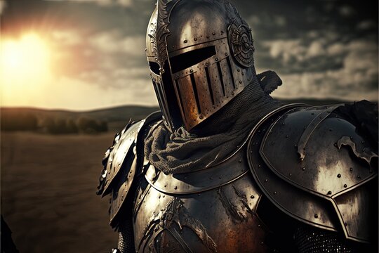 Medieval knight in silver armor, battlefield in the background. Generative AI