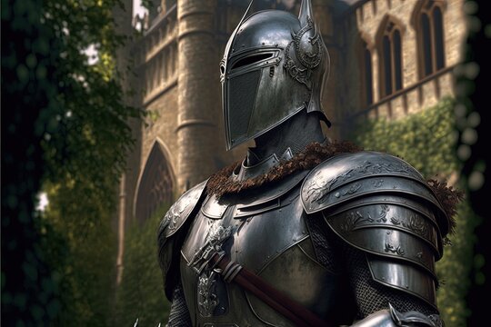 Medieval knight in silver armor, castle in the background. Generative AI