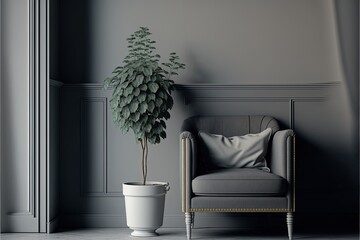 Minimalist living room with gray wall, gray armchair and potted plant. Generative AI