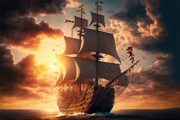 Fototapeta premium Landscape with pirate ship on the sea, sky and clouds, sun rays. Generative AI