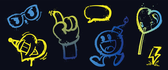 Set of graffiti spray paint vector. Collection colorful spray texture of eyeglasses, hand sign, speech bubble, comic bomb, heart. Design illustration for decoration, card, sticker. banner, street art.