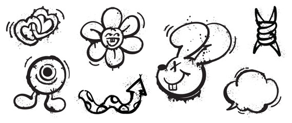 Set of graffiti spray paint vector. Collection black spray texture of thorn heart, flower, monster, arrow snake, rabbit, weapon. Design illustration for decoration, card, sticker. banner, street art. © TWINS DESIGN STUDIO