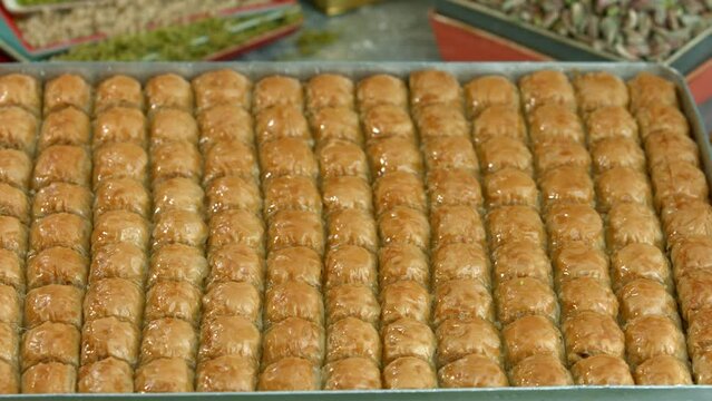 Traditional turkish baklava pistachio pastry. Dilberdudagi, ozel kesim baklava, cikolatali baklava, fistikli baklava, katmer, fistikli kadayif, kattafi, fistik sarma, soguk baklava, midye baklava, cev