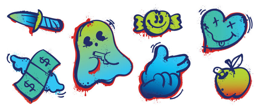 Set of graffiti spray paint vector. Collection colorful spray texture of knife, hand sign, ghost, heart, candy, banknote, apple. Design illustration for decoration, card, sticker. banner, street art.