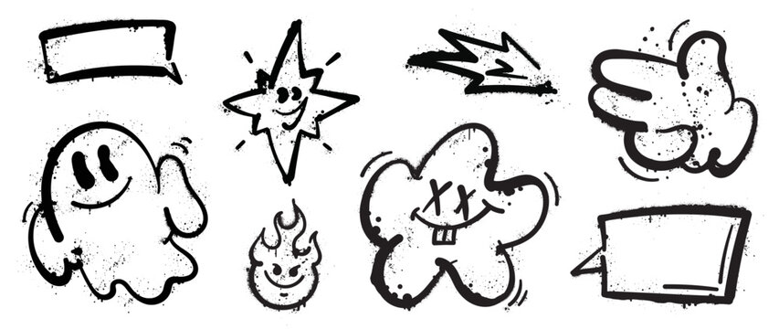 Set of graffiti spray paint vector. Collection black spray texture of ghost, flame, monster, hand sign, star, speech bubble. Design illustration for decoration, card, sticker. banner, street art.