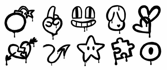 Set of graffiti spray paint vector. Collection black spray texture of bomb, hand sign, comic face, heart, arrow, star, jigsaw. Design illustration for decoration, card, sticker. banner, street art.