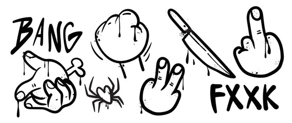 Set of graffiti spray paint vector. Collection black spray texture of hand sign, spider heart, bang word, knife, fist, text. Design illustration for decoration, card, sticker. banner, street art.