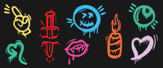 Set of graffiti spray paint vector. Collection colorful spray texture of hand sign, knife, devil teeth, arrow, candle, heart. Design illustration for decoration, card, sticker. banner, street art. © TWINS DESIGN STUDIO