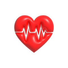 Heart with white pulse line inside, heartbeat wave icon. Cardiac assistance, pulse beat measure 3D render illustration.