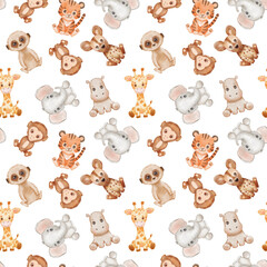 Safari animals seamless pattern. Cute baby watercolor hippo, elephant and tiger on white background.