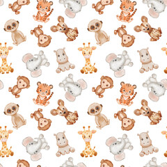Obraz premium Safari animals seamless pattern. Cute baby watercolor hippo, elephant and tiger on white background.