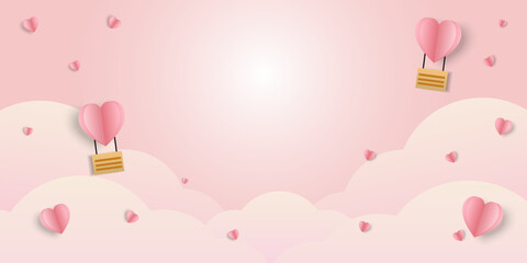 Horizontal banner with pink sky and paper cut clouds. Place for text. Happy Valentine's day sale header or voucher template with hearts paper. 