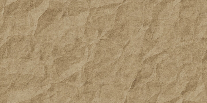 Seamless crumpled brown grocery bag, butcher or kraft packing paper background texture. Wrinkled card stock closeup pattern. Moving day, postal shipping or arts and crafts backdrop. 3D rendering.