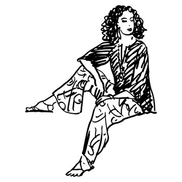 recommend clip art: Seated young woman in free pose. Hand drawn linear doodle rough sketch. Black silhouette on white background.