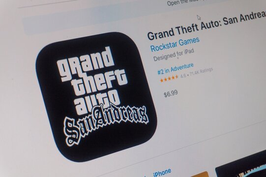 Wonosobo, Indonesia, January, 19 2023: Grand Theft Auto: San Andreas mobile game icon is seen on an monitor screen