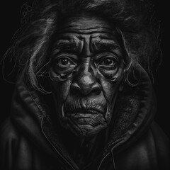 Black and White Portrait of a old homeless lady sad and helpless made with Generative AI 