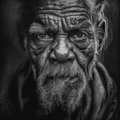Black and White close up Portrait of a homeless man with stoic and face made with Generative AI 