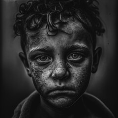 Black and White close up Portrait of a sad homeless boy with freckles made with Generative AI 
