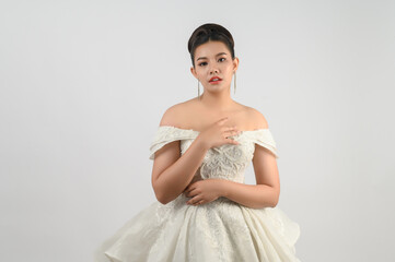 Young asian beautiful bride smile with happy on white background