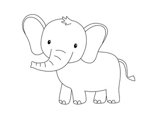 Cute elephant in line style. Drawing african baby wild animal isolated on white background. Vector sweet outline illustration for childish coloring book.