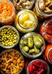 Variety of homemade pickled food.
