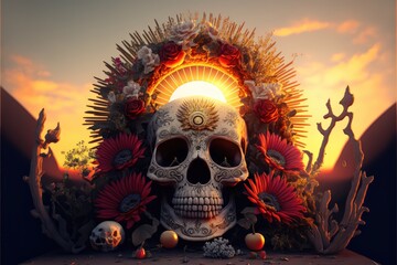 La llorona, La Santa Muerte. Mexican Skull adorned with flowers. 	Calavera Grim Reaper - Floral sugar skull grim reaper. This image was created with generative AI