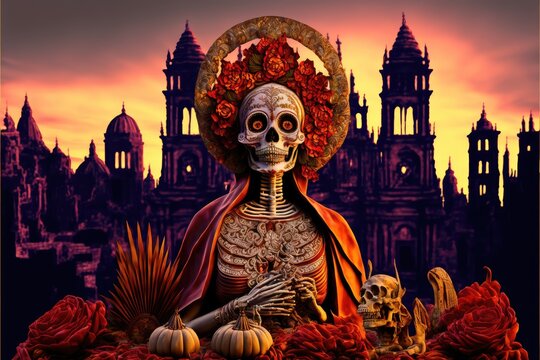 La llorona, La Santa Muerte. Mexican Skull adorned with flowers. 	Calavera Grim Reaper - Floral sugar skull grim reaper. This image was created with generative AI
