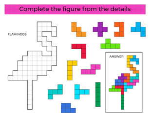 Complete the figure. Puzzle game with Flamingos. 